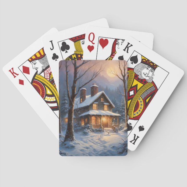 Blue Brown Rustic Winter Cabin Snow Painting  Playing Cards (Back)