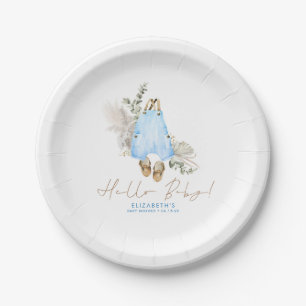 Blue Brown Sage Cute Boy Baby Shower Paper Plate