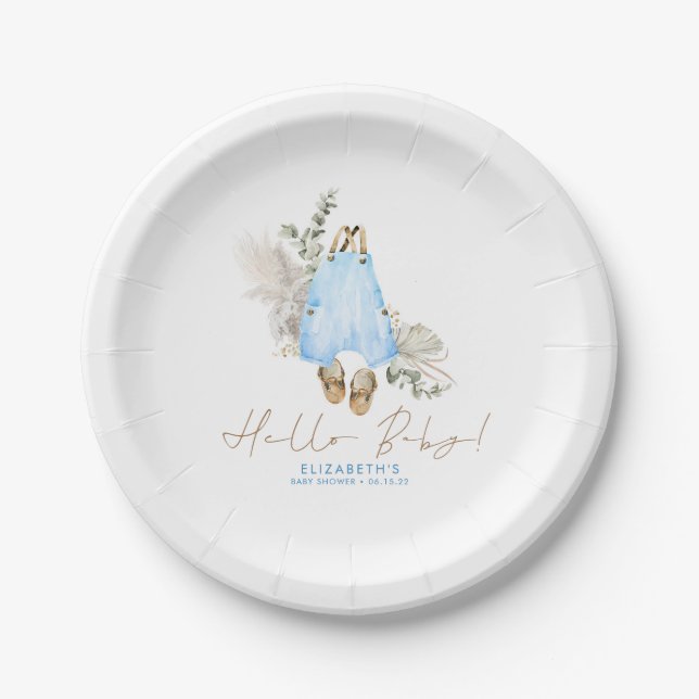 Blue Brown Sage Cute Boy Baby Shower Paper Plate (Front)