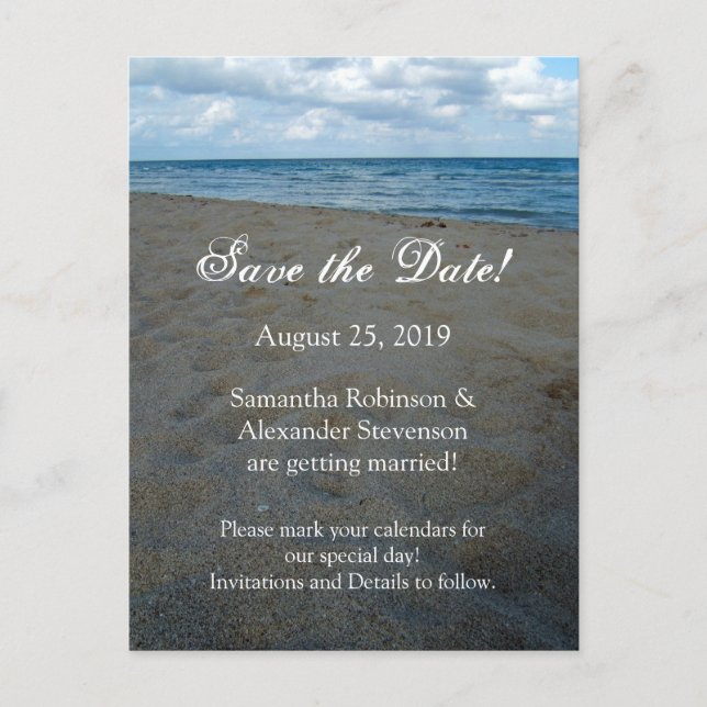 Blue Brown Sands Beach Wedding Save the Date Card (Front)