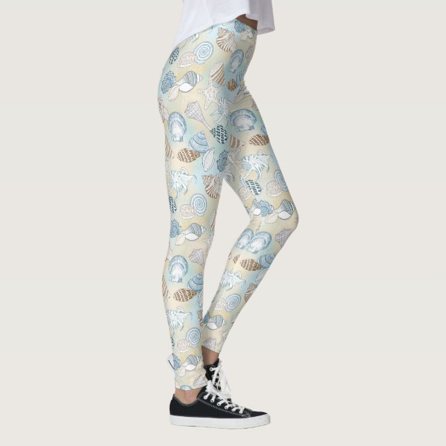 Blue Brown Seashells Pattern Beach Leggings (Right)