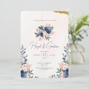 Blue Brown Simple Floral Frame Watercolor Wedding Invitation