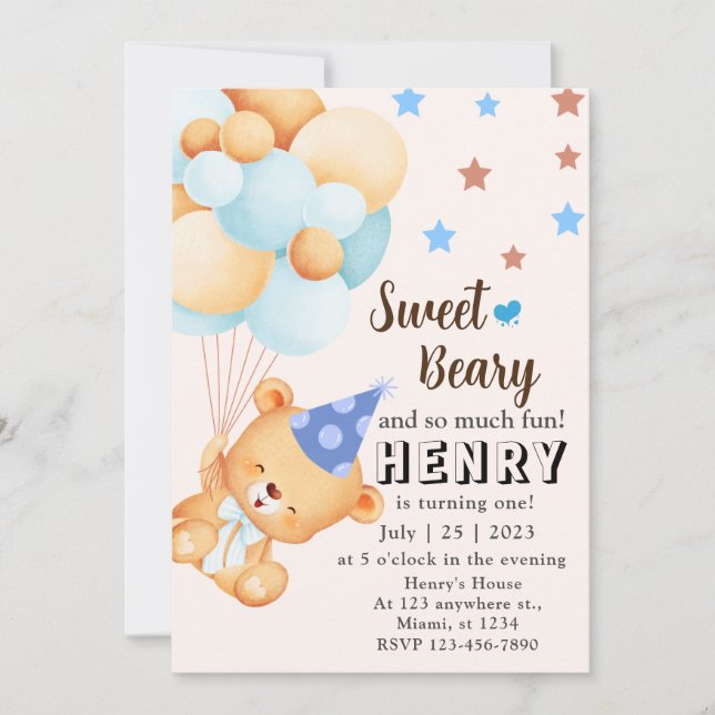 Blue Brown Sweet Bear with Balloons Boy's Birthday Invitation (Front)