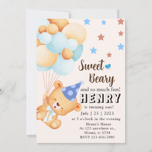 Blue Brown Sweet Bear with Balloons Boy's Birthday Invitation