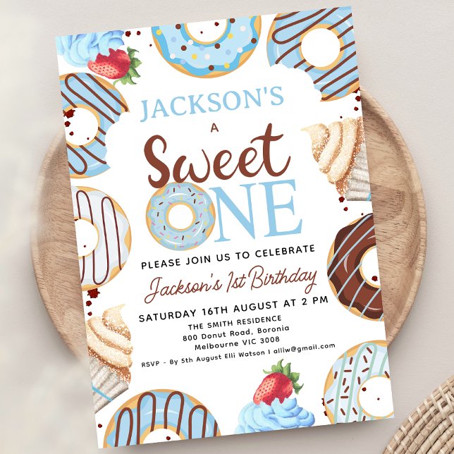 Blue Brown Sweet One Donut Birthday  Invitation (Editable Boys Donut Sweet One Birthday Party Invitation Template. Printable Boys 1st Birthday Donut)