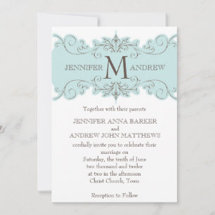 Blue Brown Swirl Monogram Wedding Invitations