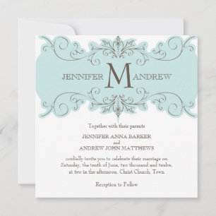 Blue Brown Swirl Monogram Wedding Invitations