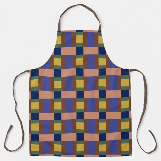 Blue Brown Tan Green Yellow Colour Block Print Apron (Front)