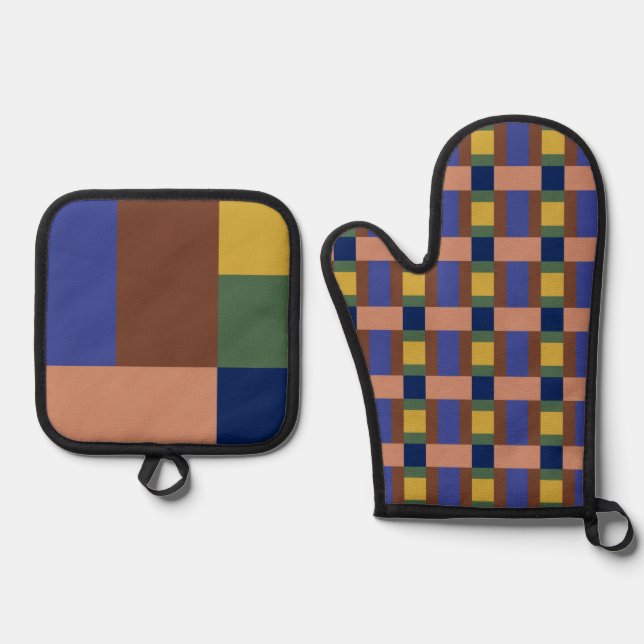 Blue Brown Tan Green Yellow Colour Block Print Oven Mitt & Pot Holder Set (Front)