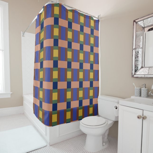 Blue Brown Tan Green Yellow Colour Block Print Shower Curtain (In Situ)