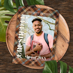 Blue Brown Tartan Plaid Graduation Announcement Postcard