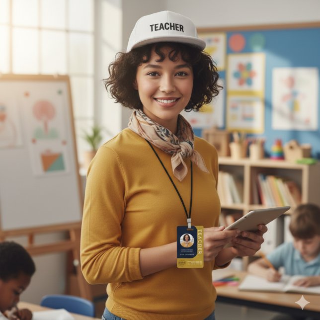 Blue Brown Teacher Name Badge with QR and Photo ID Badge (Blue Brown Teacher Name Badge with QR and Photo)