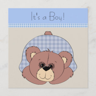 Blue Brown Teddy Bear Baby Boy Shower Invitation