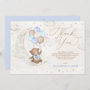 Blue Brown Teddy Bear Balloons Clouds Moon Stars Thank You Card