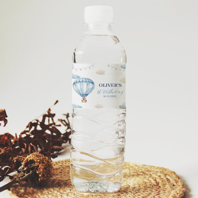 Blue Brown Teddy Bear Birthday Water Bottle Label (Creator Uploaded)