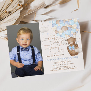 Blue Brown Teddy Bear Hot Air Balloon 1st Birthday Invitation