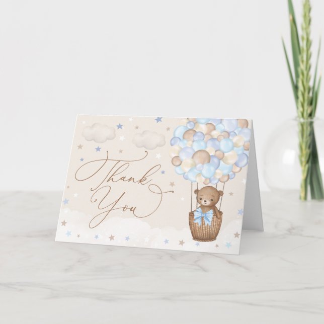 Blue Brown Teddy Bear Hot Air Balloon Baby Boy Thank You Card (Front)
