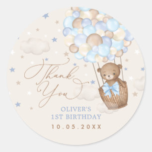 Blue Brown Teddy Bear Hot Air Balloon Birthday Boy Classic Round Sticker