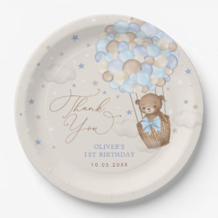 Blue Brown Teddy Bear Hot Air Balloon Birthday Boy Paper Plate