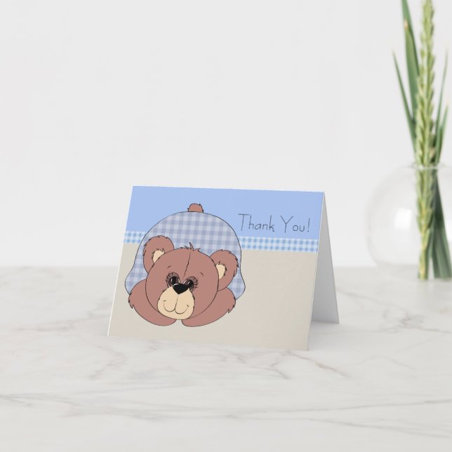 Blue Brown Teddy Bear Thank You Cards (Front)