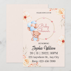 Blue Brown Teddy Bear with Balloons Baby Shower Invitation
