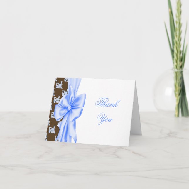 Blue Brown Trains  Baby Boy Thank You Cards (Front)