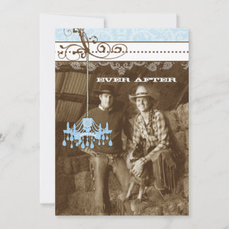 Blue Brown Vintage Chandelier Damask Photo Wedding Invitation