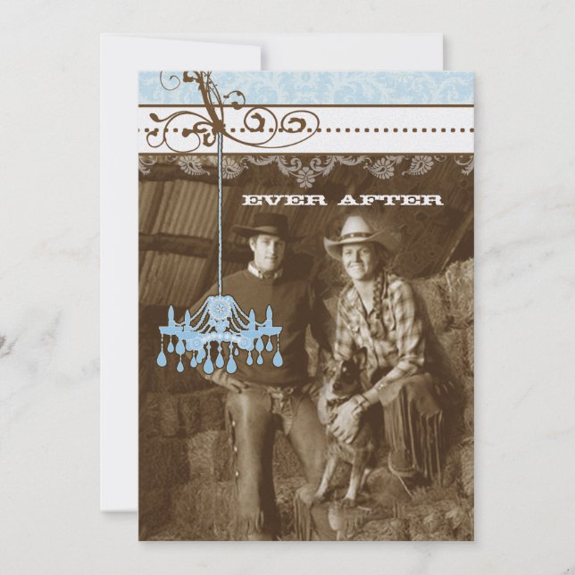 Blue & Brown Vintage Chandelier  Damask Your Photo Invitation (Front)