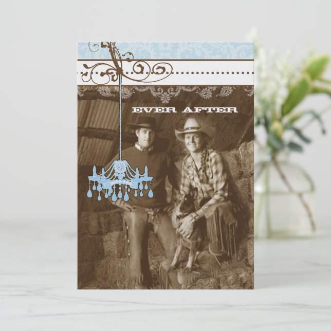 Blue & Brown Vintage Chandelier  Damask Your Photo Invitation (Standing Front)