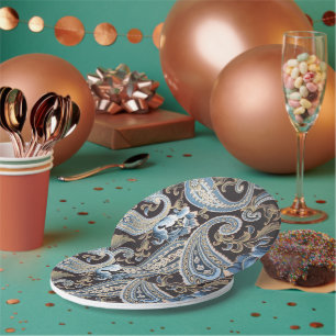 Blue Brown Vintage Paisley Paper Plate