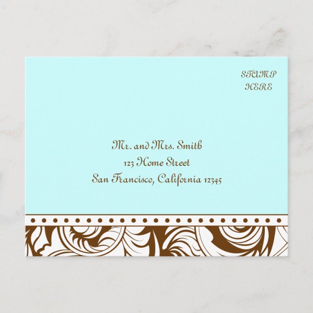 Blue Brown Vintage Wedding Postcard RSVP (Front)