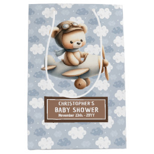Blue Brown Watercolor Bear Baby Shower Favor Bag