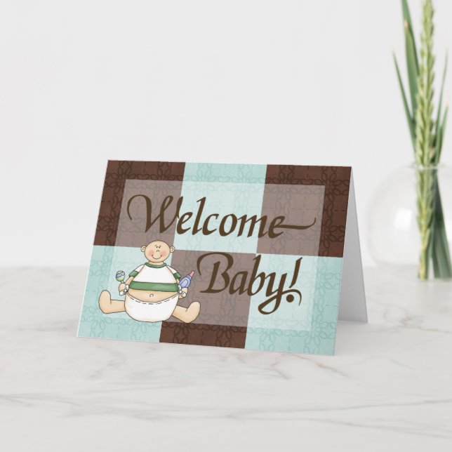 Blue & Brown Welcome Baby Boy Congratulations Card (Front)