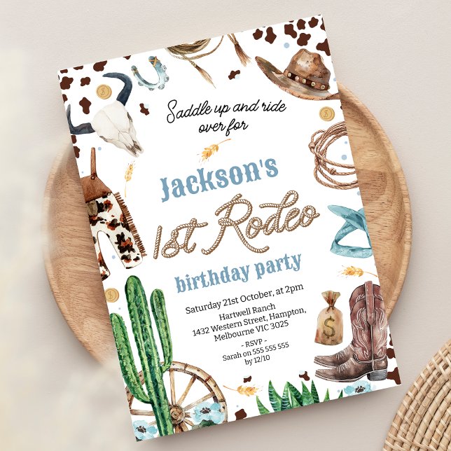 Blue Brown Western First Rodeo 1st Birthday Invitation (Boys 1st Rodeo Birthday Invitation My First Rodeo first Birthday Invite, Rope Text Blue Floral )