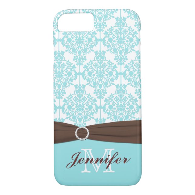 Blue, Brown, White Damask iPhone 7 Case (Back)