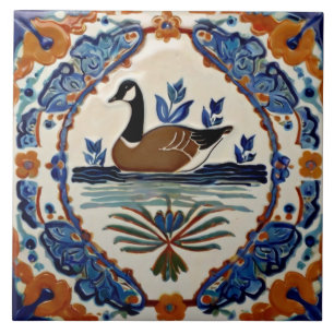 Blue Brown White Goose European Folk Bird Art Tile