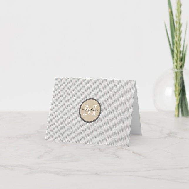 blue brown white Pin Stripe Monogram Note Card (Front)
