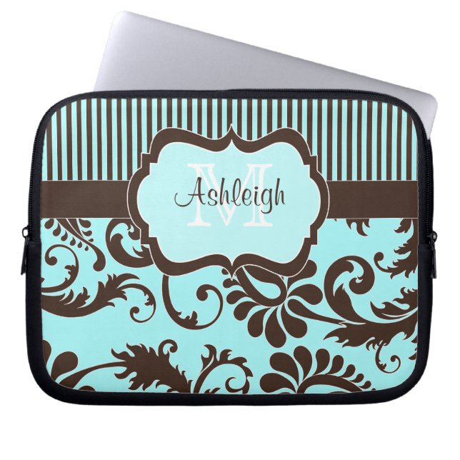 Blue Brown White Striped Damask Laptop Sleeve (Front)