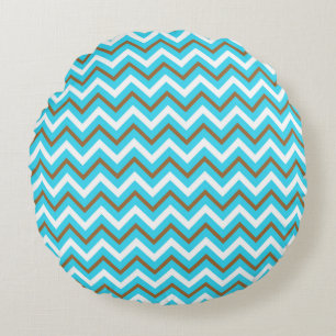 Blue Brown White Zig Zag Lines Geometric Sea Waves Round Cushion
