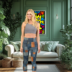 Blue & Brown Woven Texture   Rustic Modern Pattern Capri Leggings