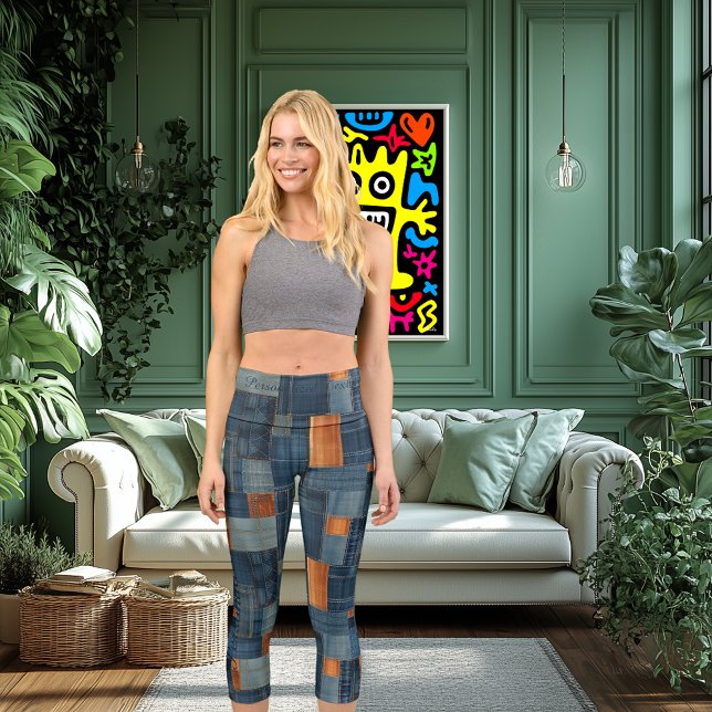 Blue & Brown Woven Texture | Rustic Modern Pattern Capri Leggings (Creator Uploaded)