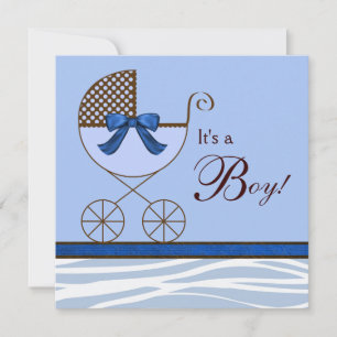 Blue Brown Zebra Baby Boy Shower Invitations