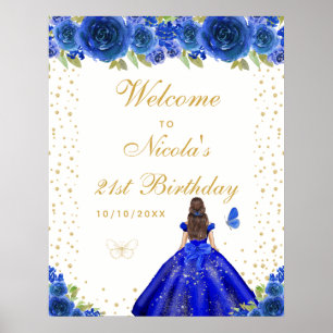 Blue Brunette Hair Girl Birthday Party Welcome Poster