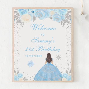 Blue Brunette Hair Girl Birthday Party Welcome Poster