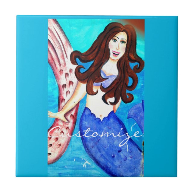 blue brunette mermaid tile (Front)