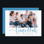 Blue Brush Calligraphy Happiest Hanukkah Photo<br><div class="desc">Happiest Hanukkah! Send holiday greetings to your loved ones with this hand-lettered Happy Hanukkah flat card. It features blue brush modern calligraphy with a matching delicate snow pattern. Personalise by adding a photo,  names,  date and message. This festive blue calligraphy holiday card is available in other colours and products.</div>