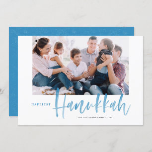 Blue Brush Calligraphy Happiest Hanukkah Photo Holiday Card