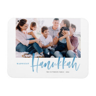 Blue Brush Calligraphy Happiest Hanukkah Photo Magnet