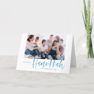 Blue Brush Lettering Happiest Hanukkah Photo Holiday Card