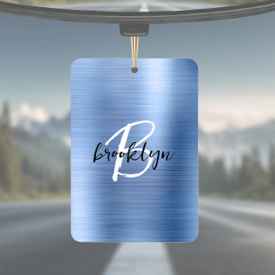 Blue Brushed Metal Black White Script Monogram Car Air Freshener
